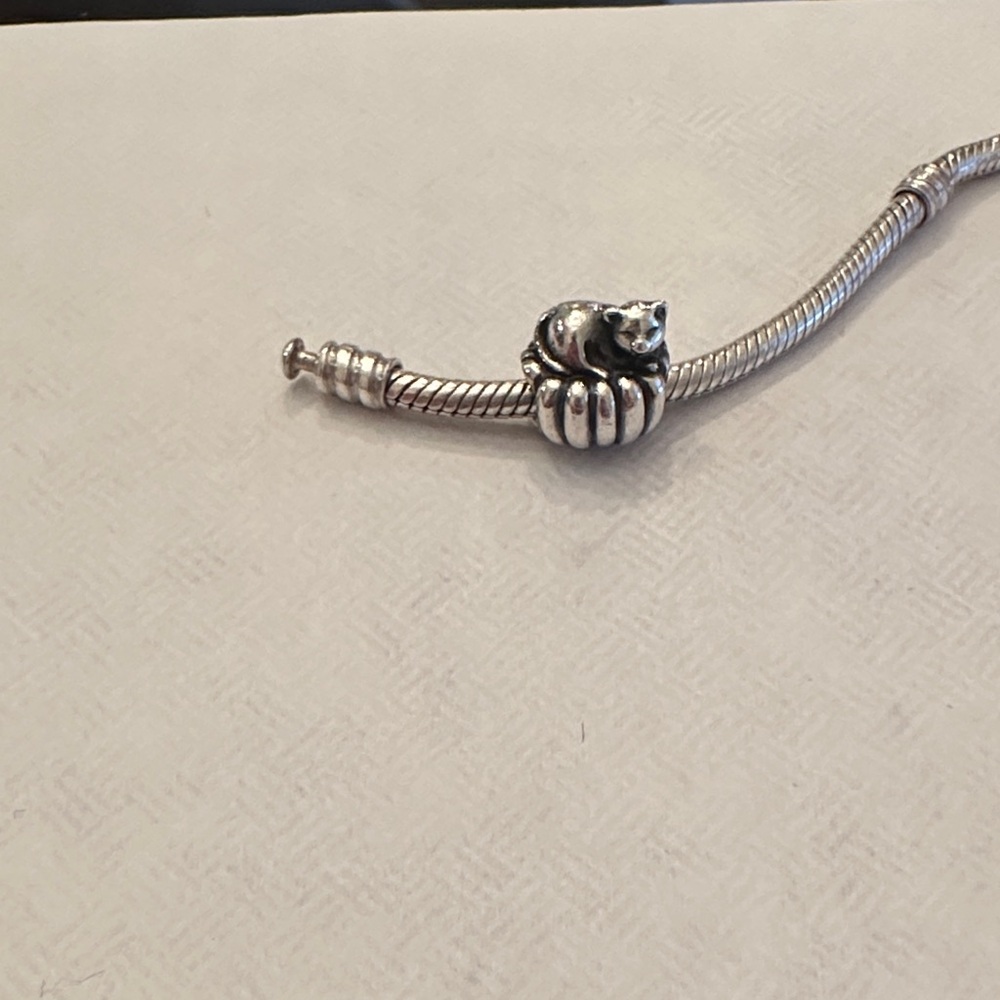 Silver Cat on Pumpkin Charm Bracelet